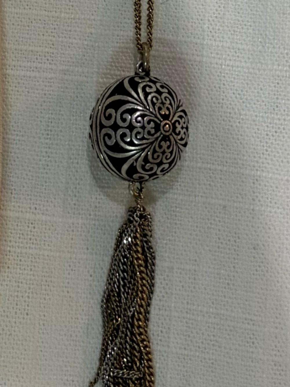 Lucky Brand Filigree Ball Pendant w/ Tassel Two Tone Silver Bras